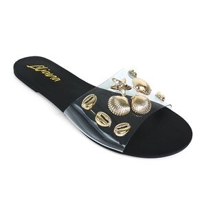 Liliana Black Sandals with Gold Shell Accents